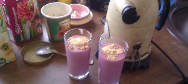 Himbeermilchshake mit Krokantstreuseln und Walnusseis