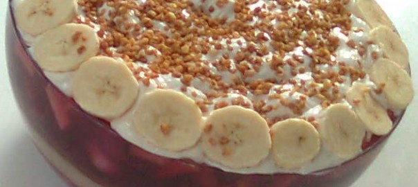 Schichtdessert mit Vanillepudding, Schokoladenpudding, geliertem Obst, Sojaschlagsahne, Bananenscheiben und Krokantstreuseln